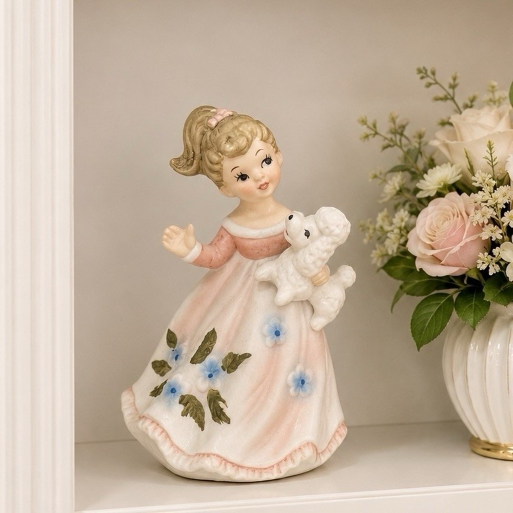 Vintage Lefton Girl Holding Poodle Pink Dress w/ Blue Flowers #5490 Pony‎ tail